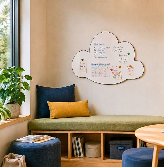 Cloud shaped whiteboard in a school reading nook