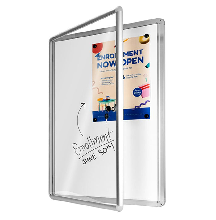 NEO hinged door display case open with poster and whiteboard backing