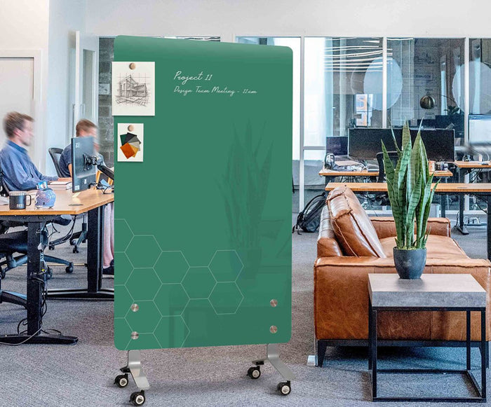 Quiet Glass mobile board in forest green in an open plan office