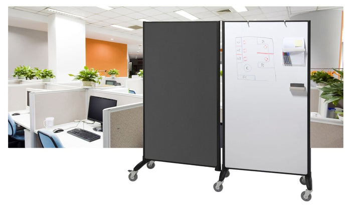 Communicate mobile room dividers with whiteboard and fabric panels in an open plan office