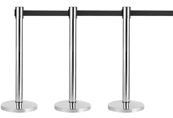 Chrome queue barrier posts with retractable belts on white background