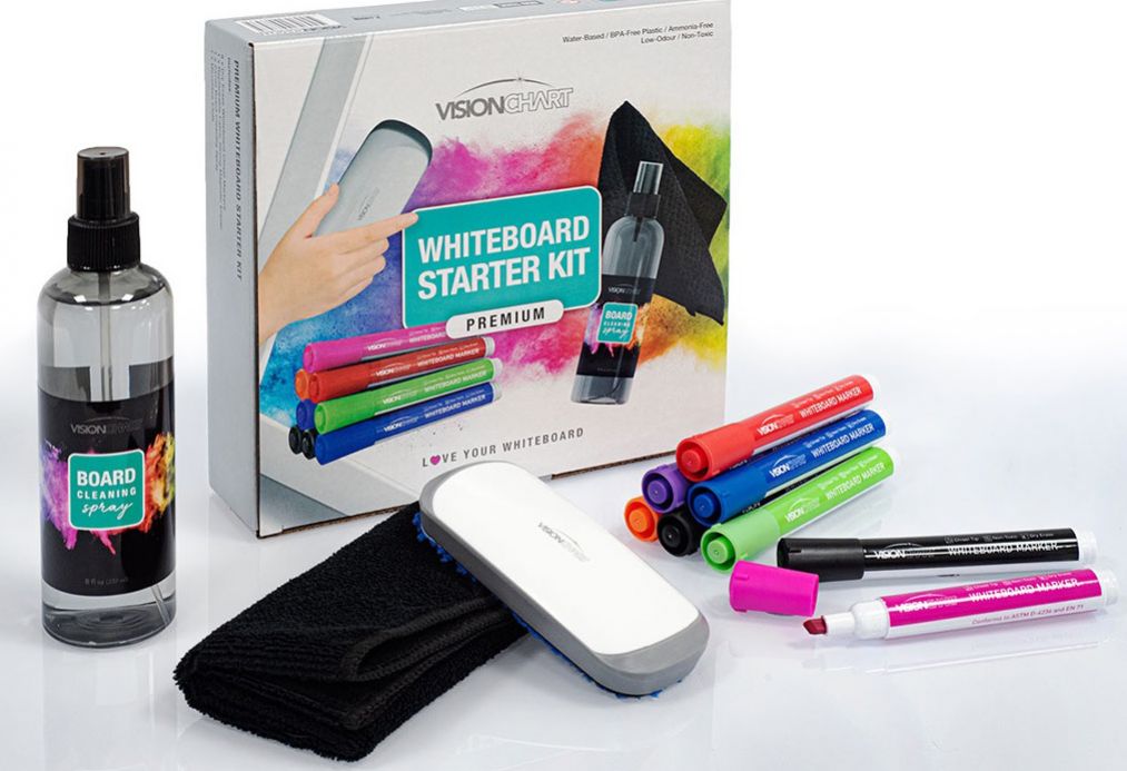 Whiteboard Essentials Starter Kit with cleaning spray, markers, eraser and microfibre cloth