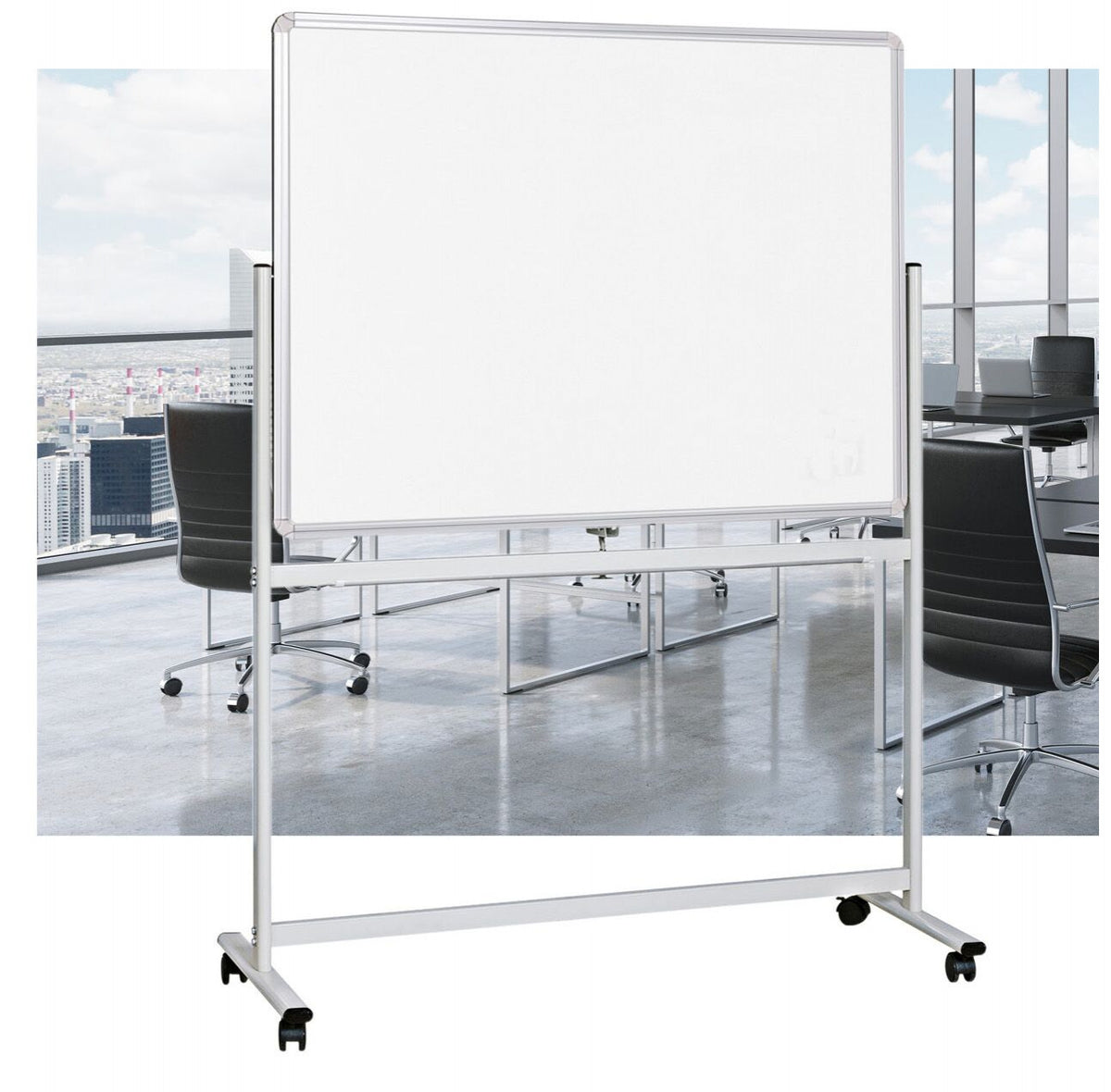 Mobile whiteboard on castors in a city boardroom