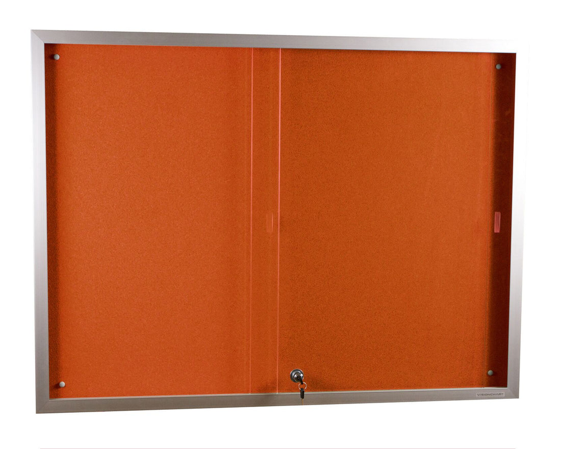Sliding glass fronted display case with orange felt backing
