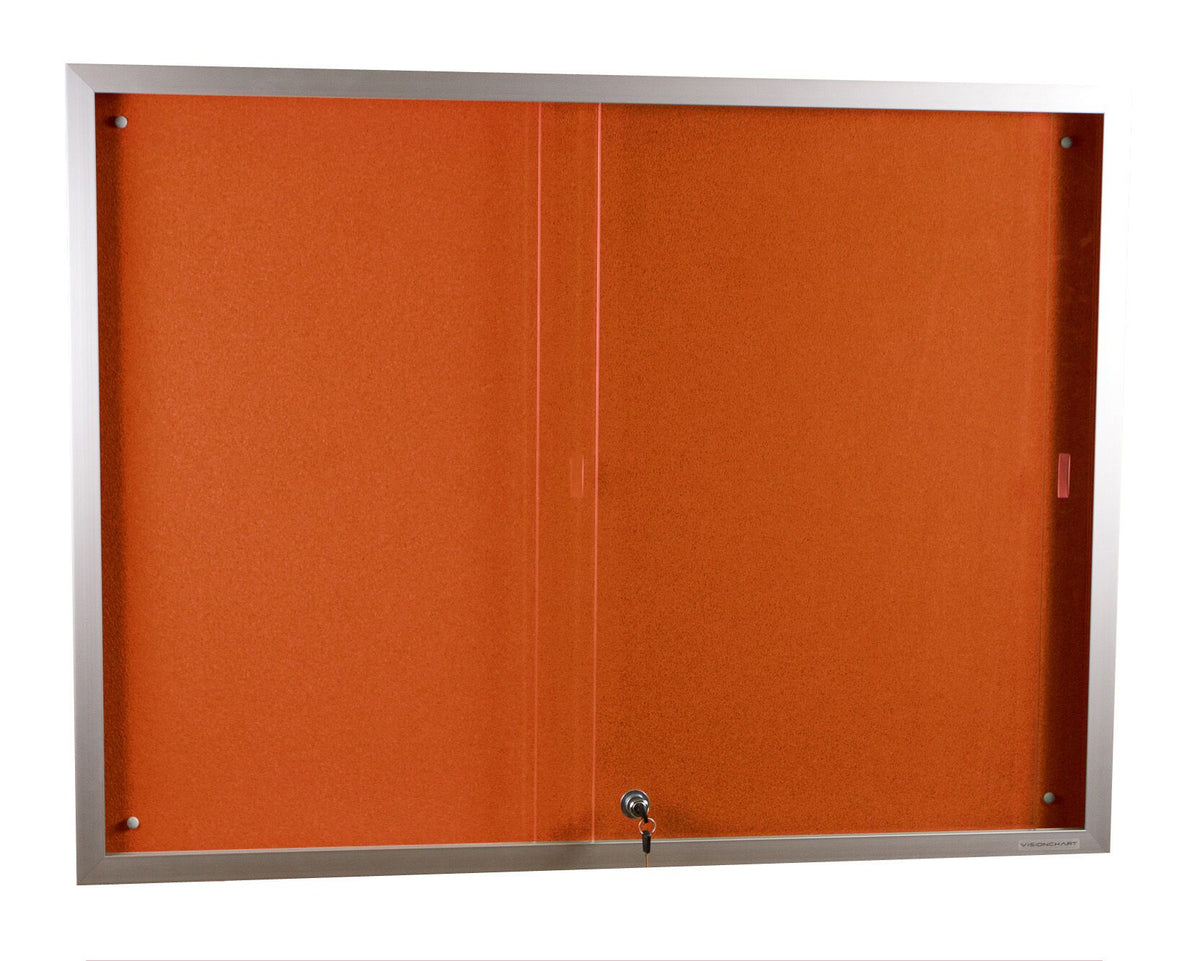 Sliding glass fronted display case with orange felt backing