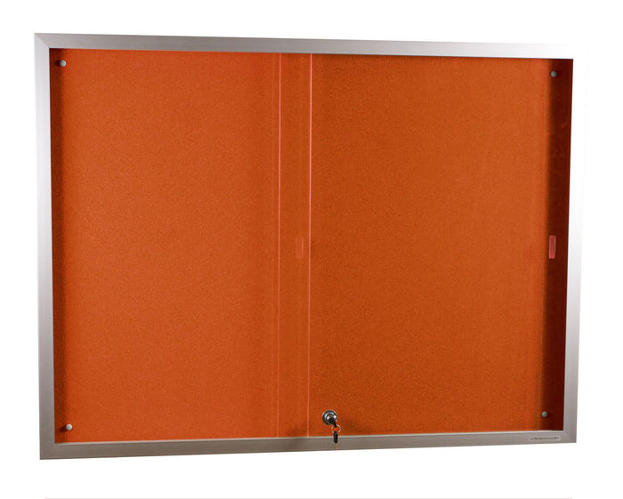 Sliding glass fronted display case with orange felt backing