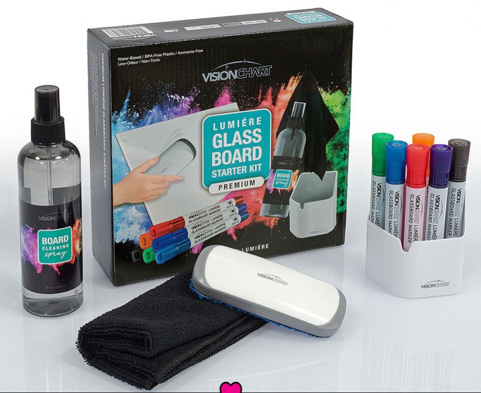 GlassBoard Essentials Kit with cleaning spray, glassboard markers, eraser and microfibre cloth