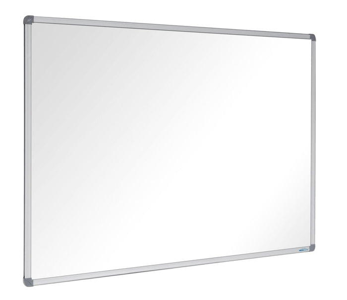 Commercial acrylic whiteboard with standard aluminium frame on white background
