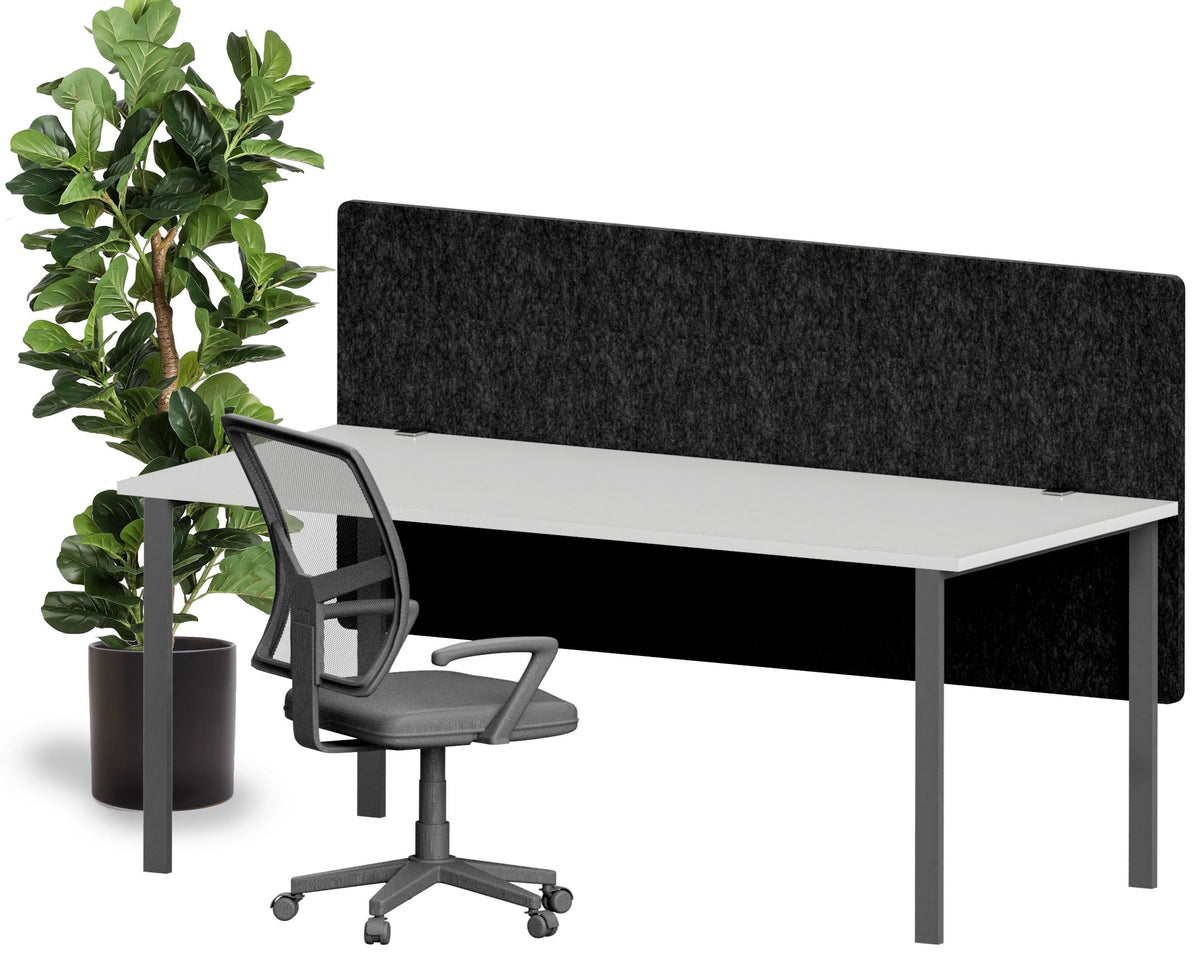 Black acoustic desk divider screen mounted above a white desk