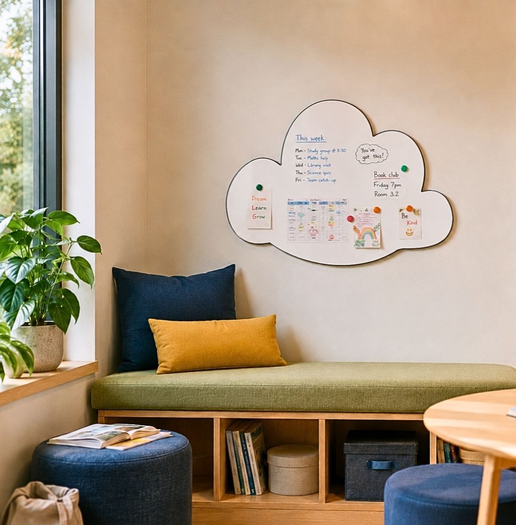 Cloud shaped whiteboard in a school reading nook