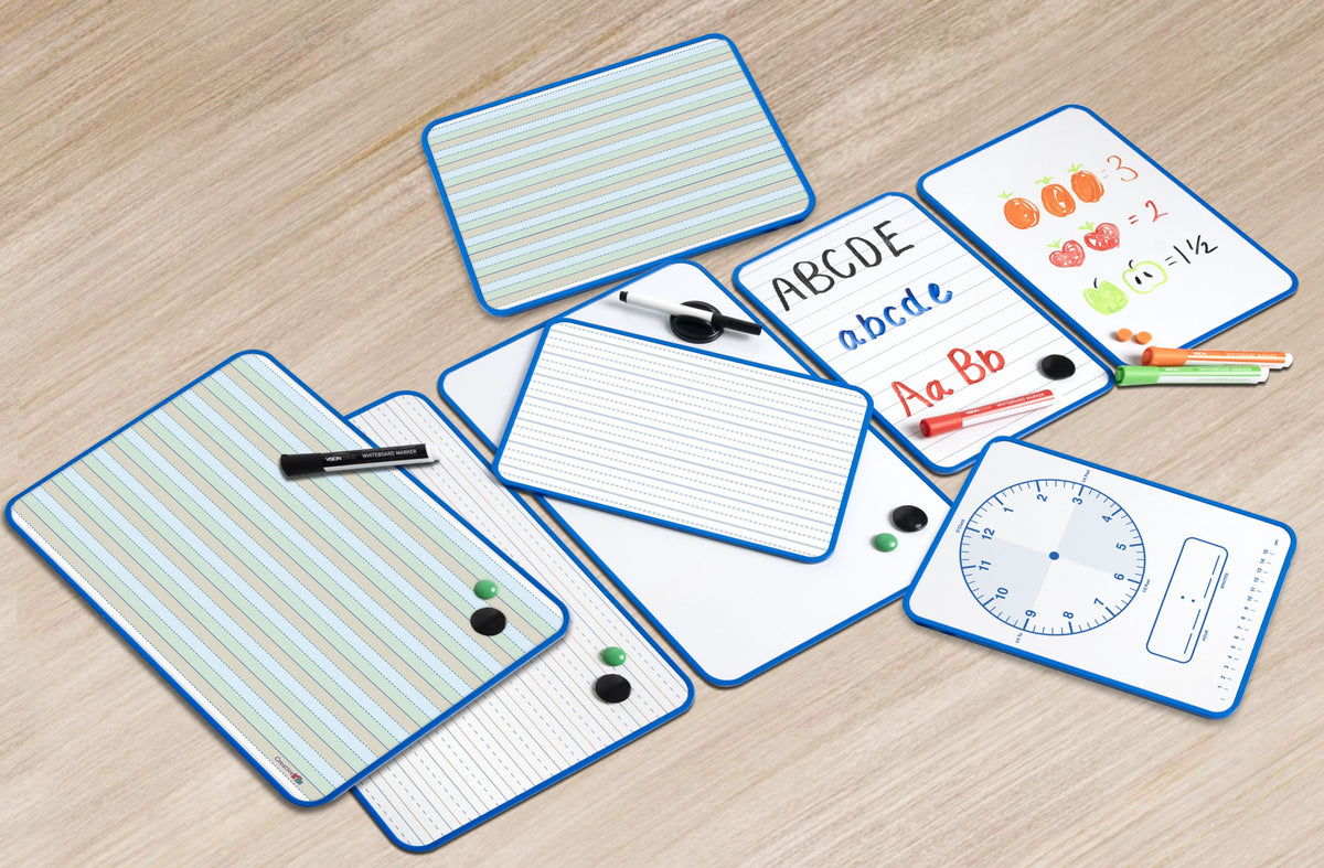 Magnetic double sided lapboards with lined alphabet clock and maths faces