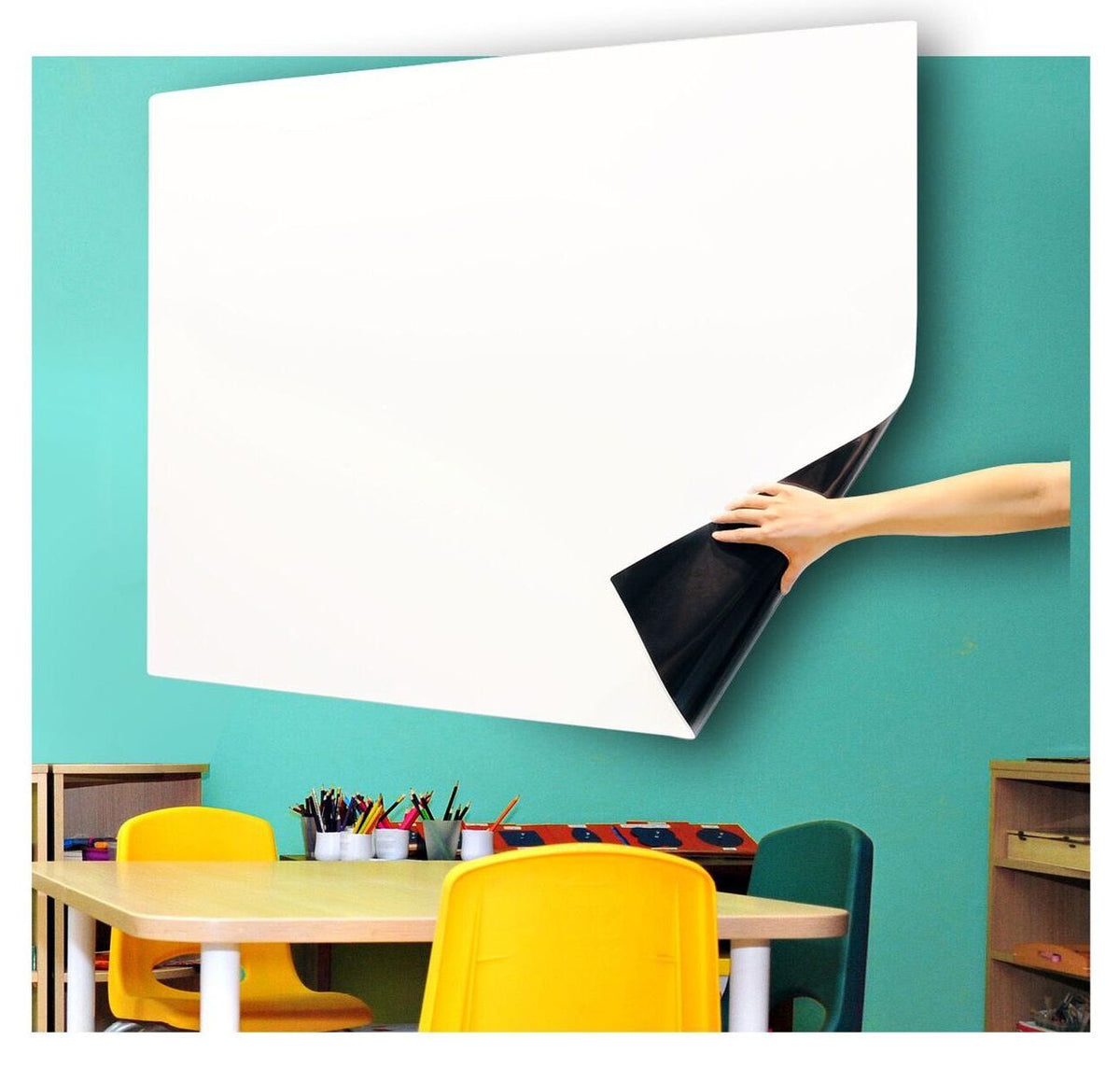 Peeling whiteboard on a roll sheet applied to a classroom wall