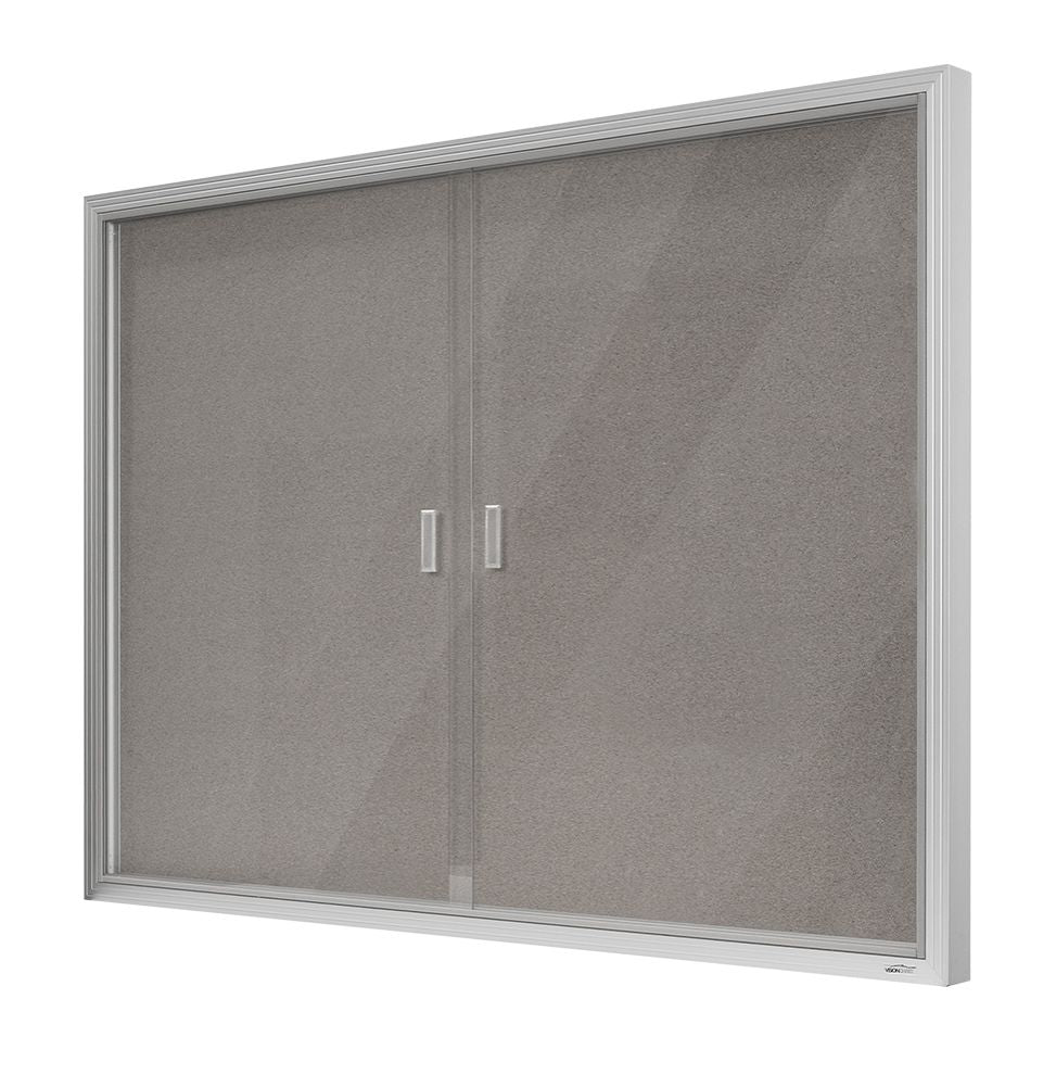 BeNoticed lockable sliding door display case with silver frame and fabric backing