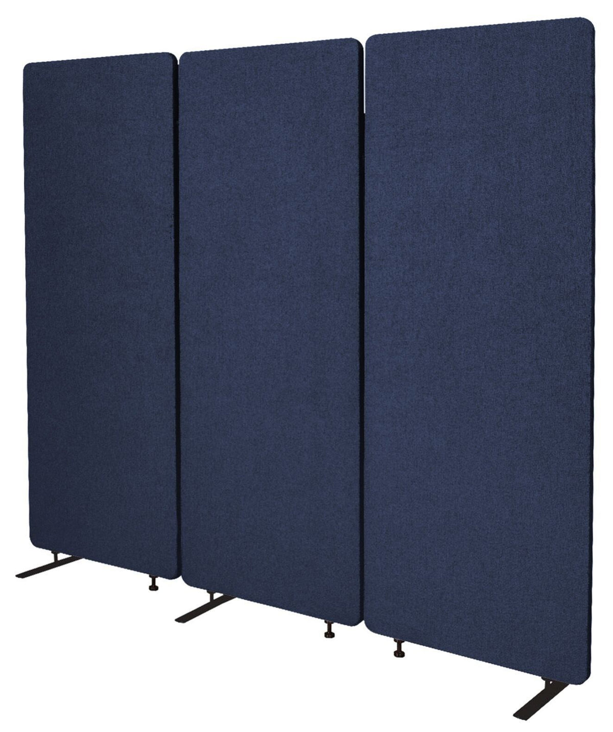 Three navy ZIP acoustic divider screens with stabilising feet