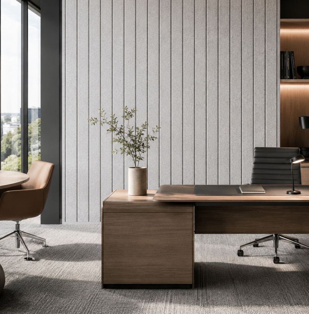SANA Linea grooved acoustic panels behind an executive desk