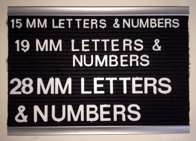 Letter board showing 15mm 19mm and 28mm letter and number sizes