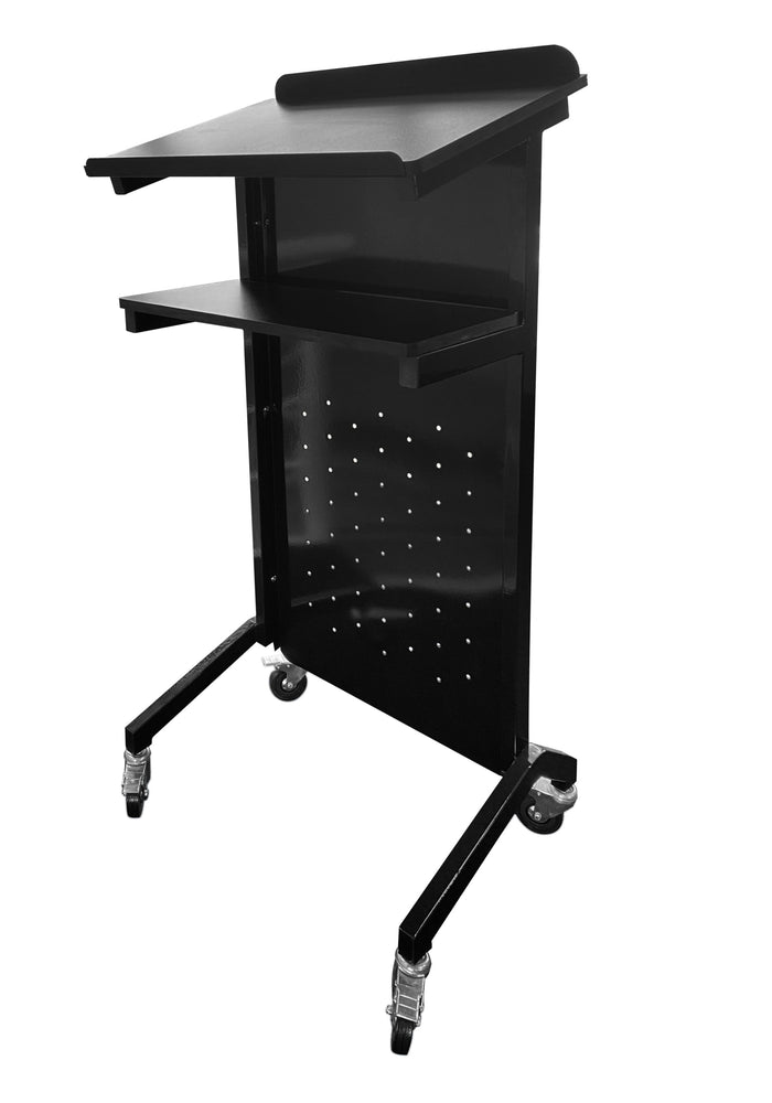 Black mobile lectern with shelf and lockable castors
