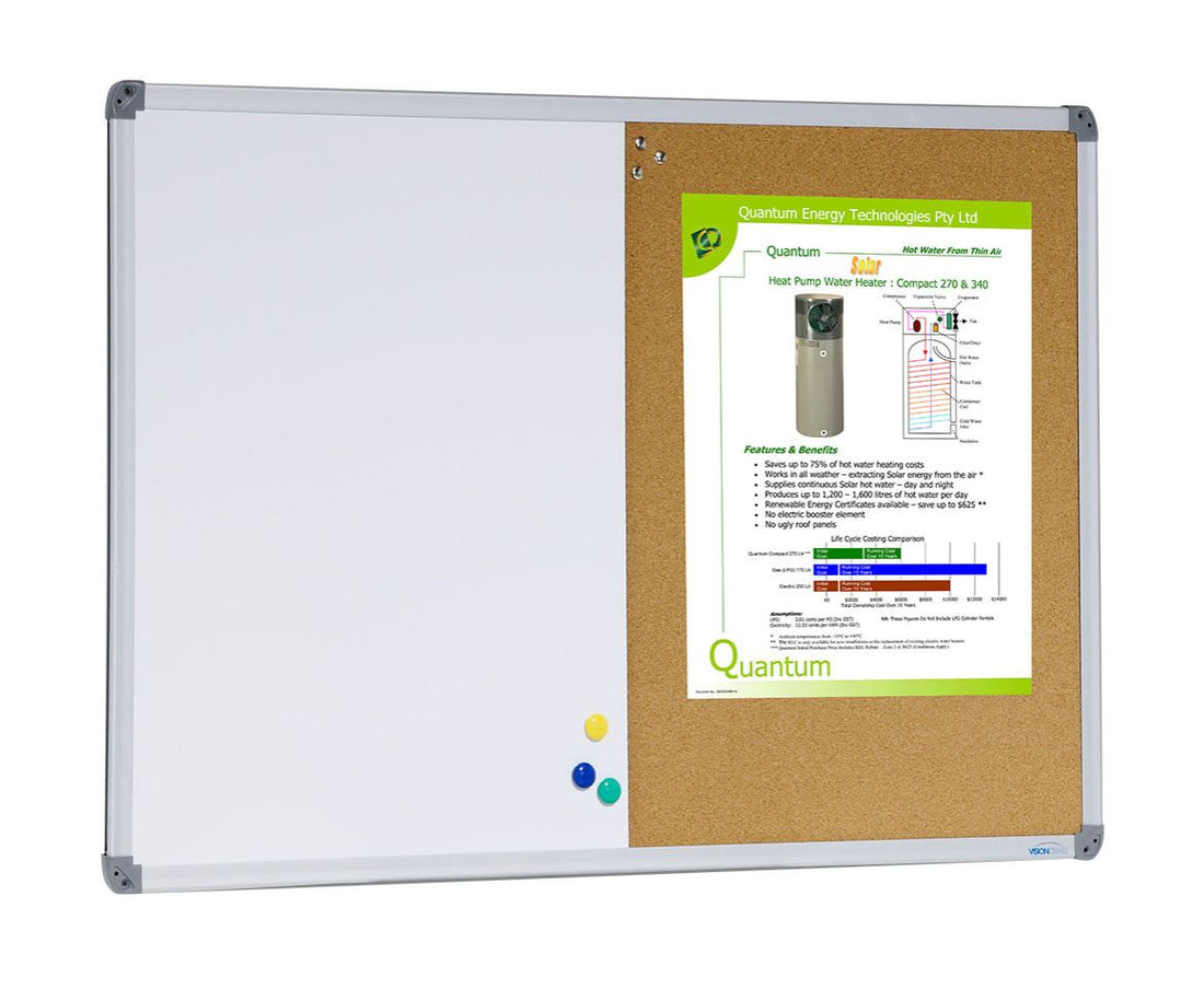 Combination whiteboard and cork pinboard in a single aluminium frame