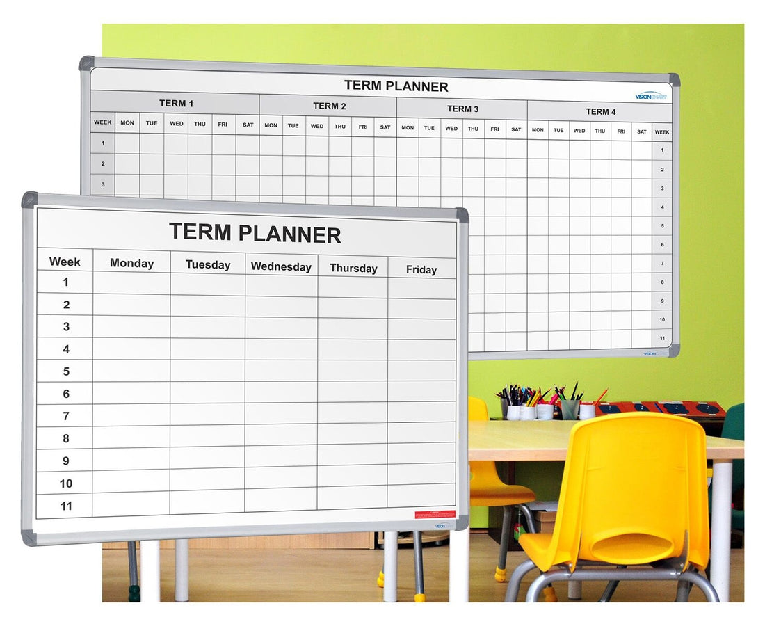 Term planner whiteboards in a classroom