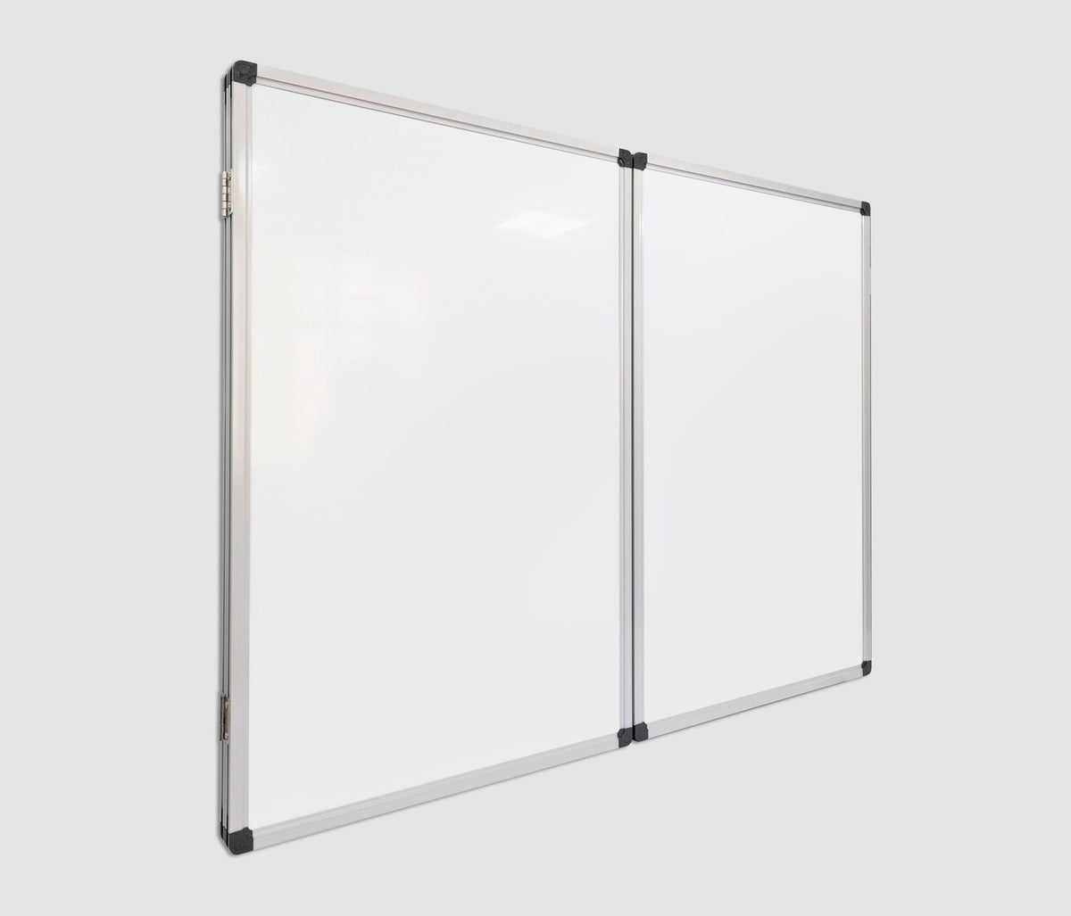 Cabinet whiteboard with hinged doors open showing five writing surfaces