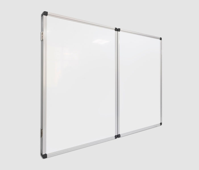 Cabinet whiteboard with hinged doors open showing five writing surfaces